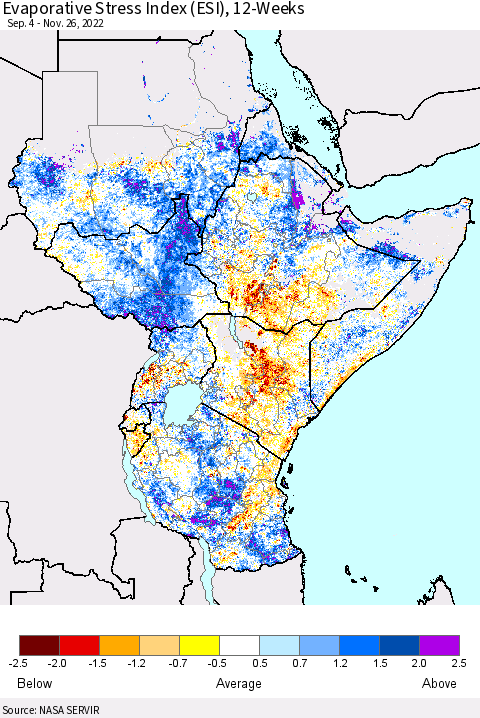 Eastern Africa Evaporative Stress Index (ESI), 12-Weeks Thematic Map For 11/21/2022 - 11/27/2022