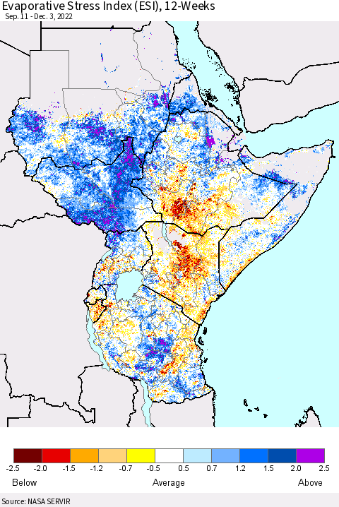Eastern Africa Evaporative Stress Index (ESI), 12-Weeks Thematic Map For 11/28/2022 - 12/4/2022