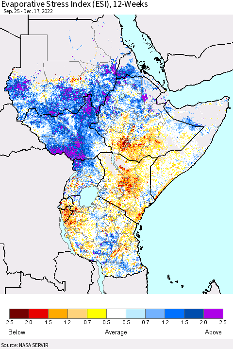 Eastern Africa Evaporative Stress Index (ESI), 12-Weeks Thematic Map For 12/12/2022 - 12/18/2022