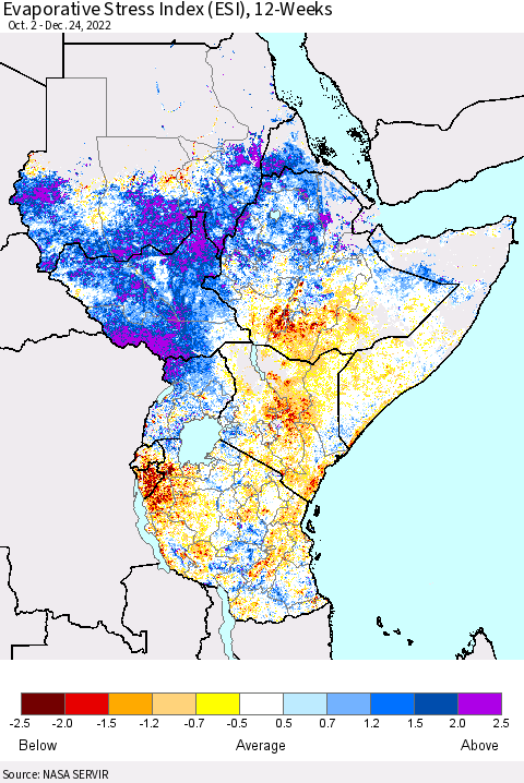 Eastern Africa Evaporative Stress Index (ESI), 12-Weeks Thematic Map For 12/19/2022 - 12/25/2022