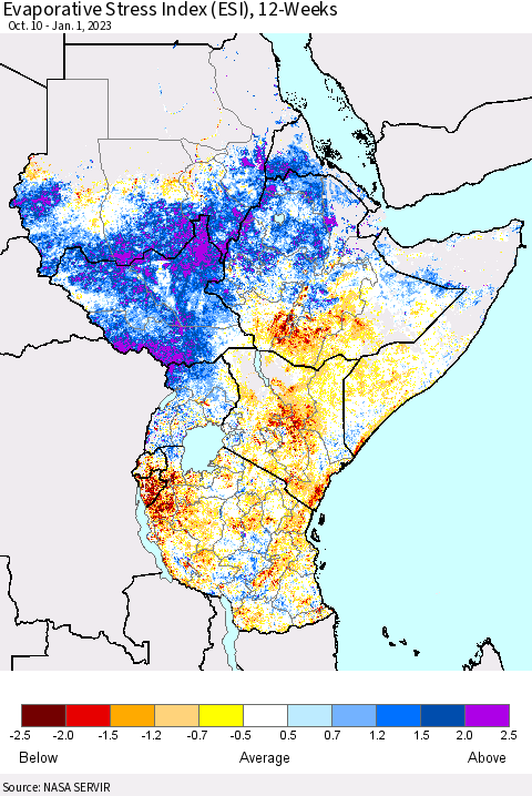 Eastern Africa Evaporative Stress Index (ESI), 12-Weeks Thematic Map For 12/26/2022 - 1/1/2023