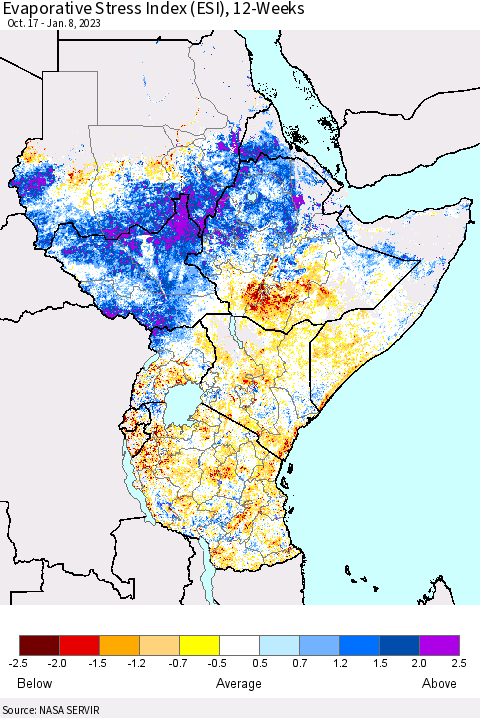 Eastern Africa Evaporative Stress Index (ESI), 12-Weeks Thematic Map For 1/2/2023 - 1/8/2023