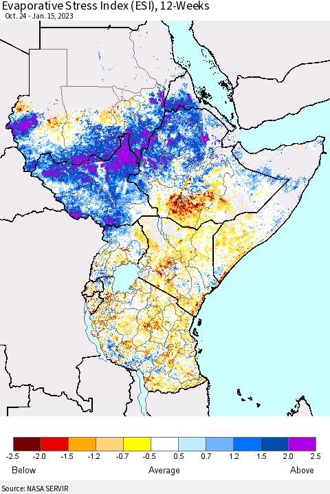 Eastern Africa Evaporative Stress Index (ESI), 12-Weeks Thematic Map For 1/9/2023 - 1/15/2023