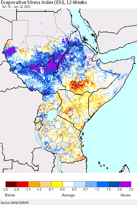 Eastern Africa Evaporative Stress Index (ESI), 12-Weeks Thematic Map For 1/16/2023 - 1/22/2023