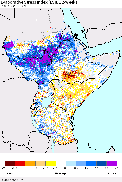 Eastern Africa Evaporative Stress Index (ESI), 12-Weeks Thematic Map For 1/23/2023 - 1/29/2023