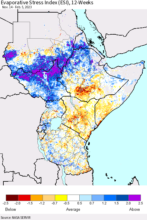 Eastern Africa Evaporative Stress Index (ESI), 12-Weeks Thematic Map For 1/30/2023 - 2/5/2023