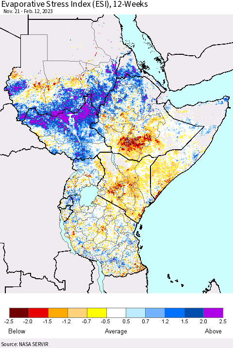 Eastern Africa Evaporative Stress Index (ESI), 12-Weeks Thematic Map For 2/6/2023 - 2/12/2023