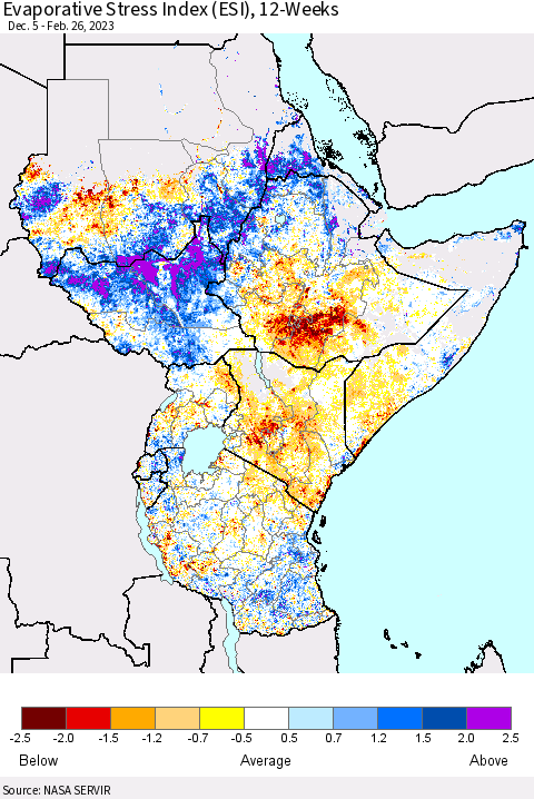 Eastern Africa Evaporative Stress Index (ESI), 12-Weeks Thematic Map For 2/20/2023 - 2/26/2023