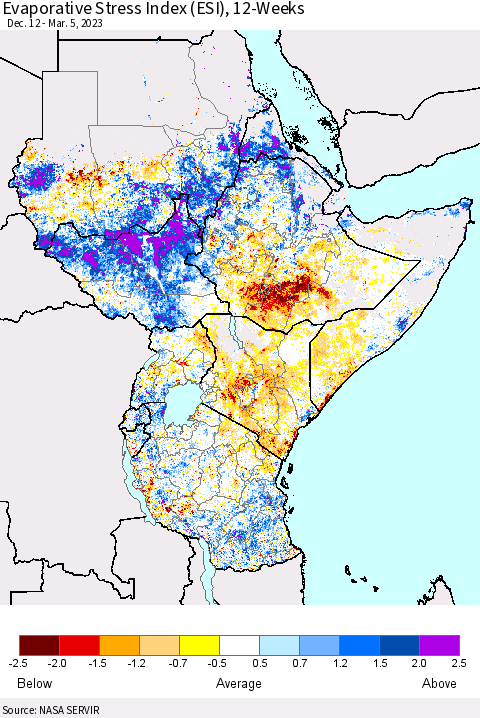Eastern Africa Evaporative Stress Index (ESI), 12-Weeks Thematic Map For 2/27/2023 - 3/5/2023