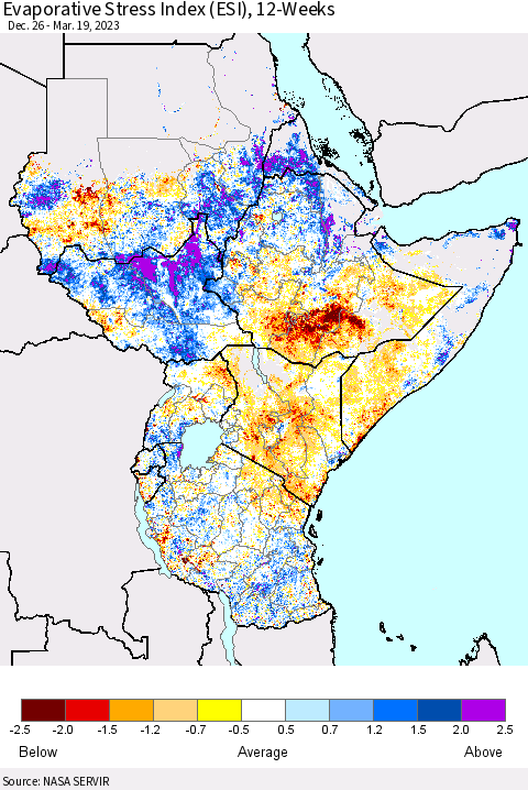Eastern Africa Evaporative Stress Index (ESI), 12-Weeks Thematic Map For 3/13/2023 - 3/19/2023