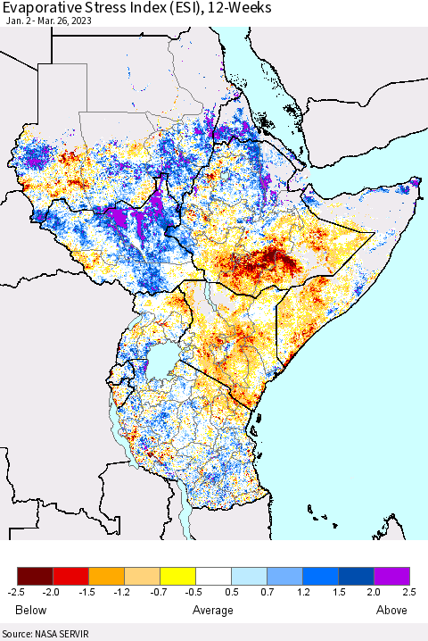 Eastern Africa Evaporative Stress Index (ESI), 12-Weeks Thematic Map For 3/20/2023 - 3/26/2023