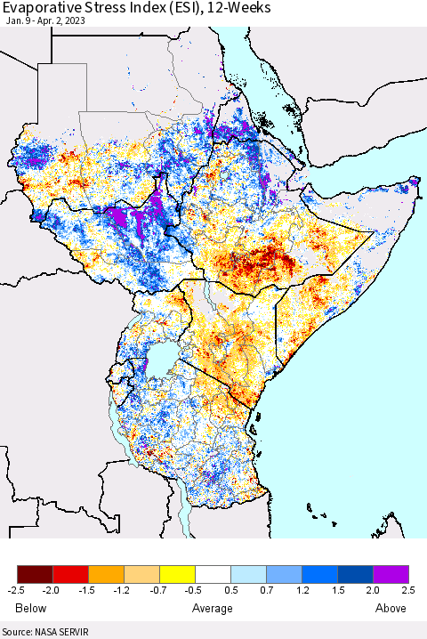 Eastern Africa Evaporative Stress Index (ESI), 12-Weeks Thematic Map For 3/27/2023 - 4/2/2023