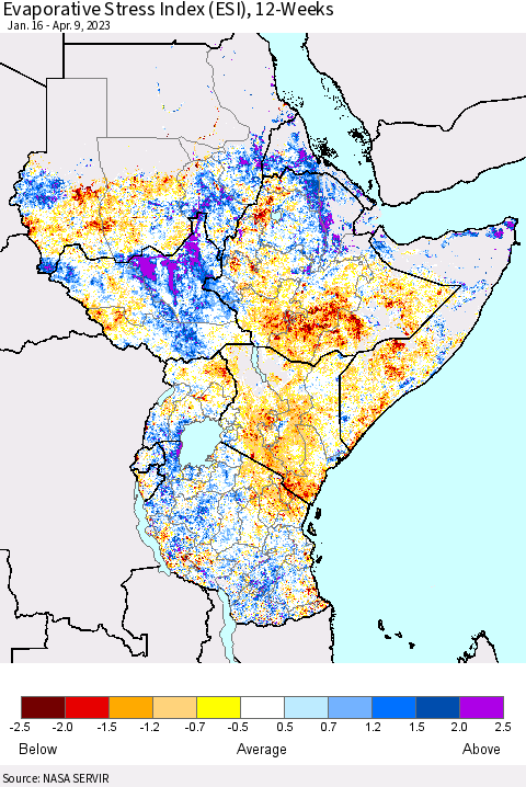 Eastern Africa Evaporative Stress Index (ESI), 12-Weeks Thematic Map For 4/3/2023 - 4/9/2023