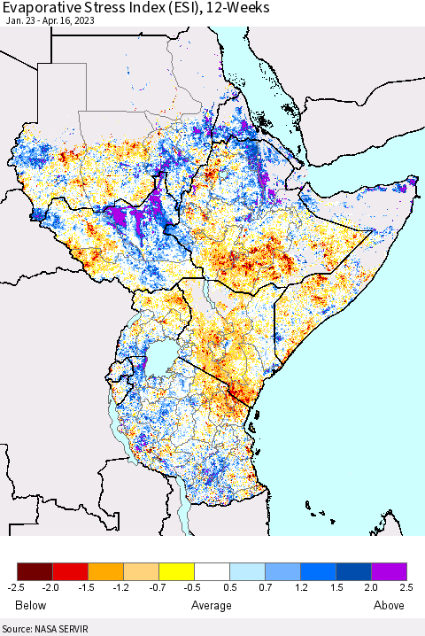 Eastern Africa Evaporative Stress Index (ESI), 12-Weeks Thematic Map For 4/10/2023 - 4/16/2023