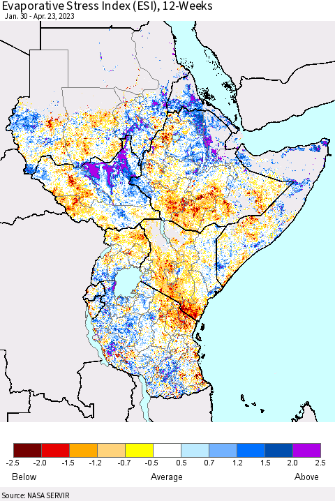 Eastern Africa Evaporative Stress Index (ESI), 12-Weeks Thematic Map For 4/17/2023 - 4/23/2023