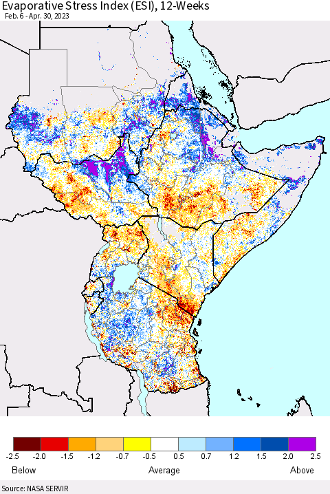 Eastern Africa Evaporative Stress Index (ESI), 12-Weeks Thematic Map For 4/24/2023 - 4/30/2023