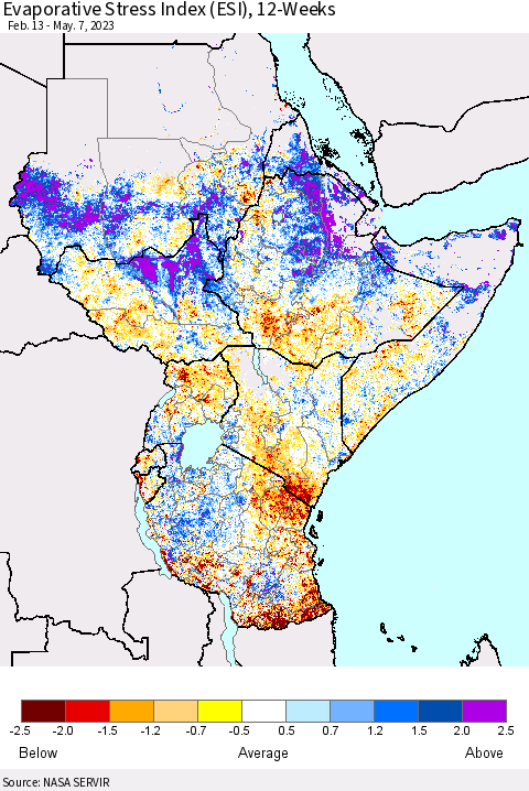 Eastern Africa Evaporative Stress Index (ESI), 12-Weeks Thematic Map For 5/1/2023 - 5/7/2023