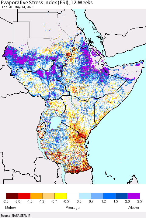 Eastern Africa Evaporative Stress Index (ESI), 12-Weeks Thematic Map For 5/8/2023 - 5/14/2023