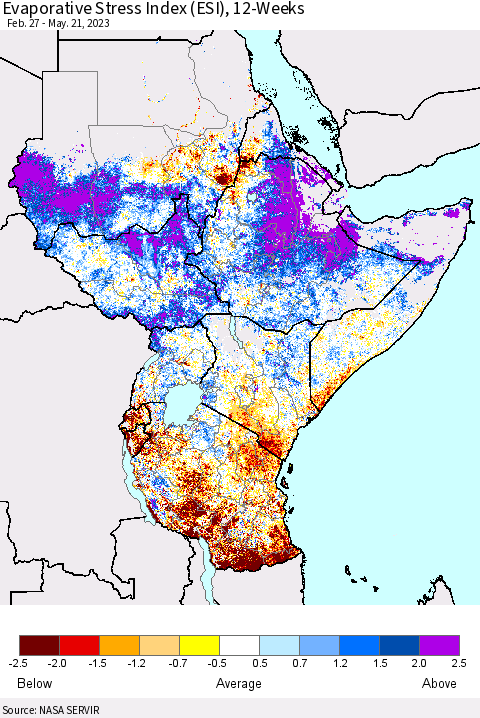 Eastern Africa Evaporative Stress Index (ESI), 12-Weeks Thematic Map For 5/15/2023 - 5/21/2023