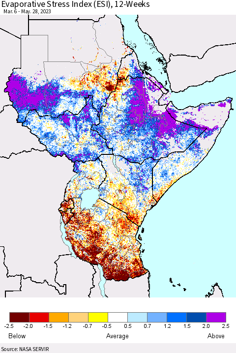 Eastern Africa Evaporative Stress Index (ESI), 12-Weeks Thematic Map For 5/22/2023 - 5/28/2023