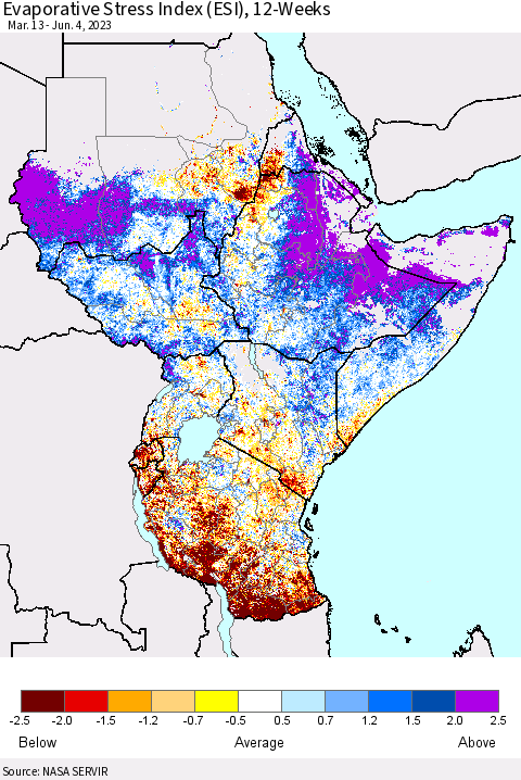 Eastern Africa Evaporative Stress Index (ESI), 12-Weeks Thematic Map For 5/29/2023 - 6/4/2023