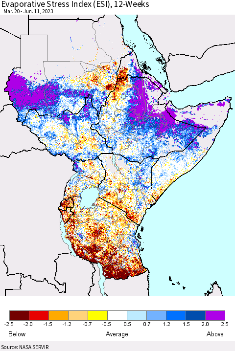 Eastern Africa Evaporative Stress Index (ESI), 12-Weeks Thematic Map For 6/5/2023 - 6/11/2023