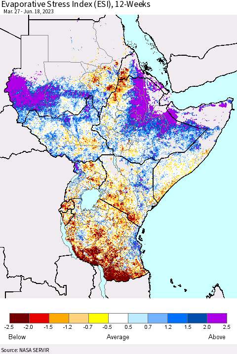 Eastern Africa Evaporative Stress Index (ESI), 12-Weeks Thematic Map For 6/12/2023 - 6/18/2023