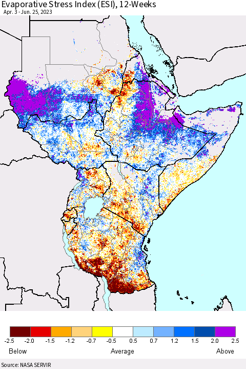 Eastern Africa Evaporative Stress Index (ESI), 12-Weeks Thematic Map For 6/19/2023 - 6/25/2023