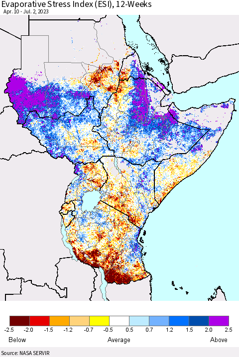 Eastern Africa Evaporative Stress Index (ESI), 12-Weeks Thematic Map For 6/26/2023 - 7/2/2023