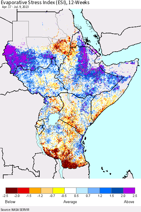 Eastern Africa Evaporative Stress Index (ESI), 12-Weeks Thematic Map For 7/3/2023 - 7/9/2023