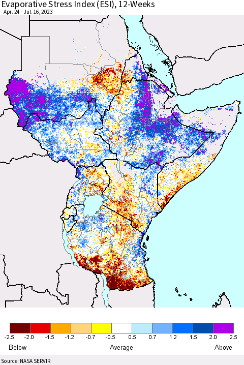 Eastern Africa Evaporative Stress Index (ESI), 12-Weeks Thematic Map For 7/10/2023 - 7/16/2023