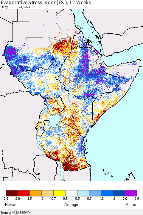 Eastern Africa Evaporative Stress Index (ESI), 12-Weeks Thematic Map For 7/17/2023 - 7/23/2023