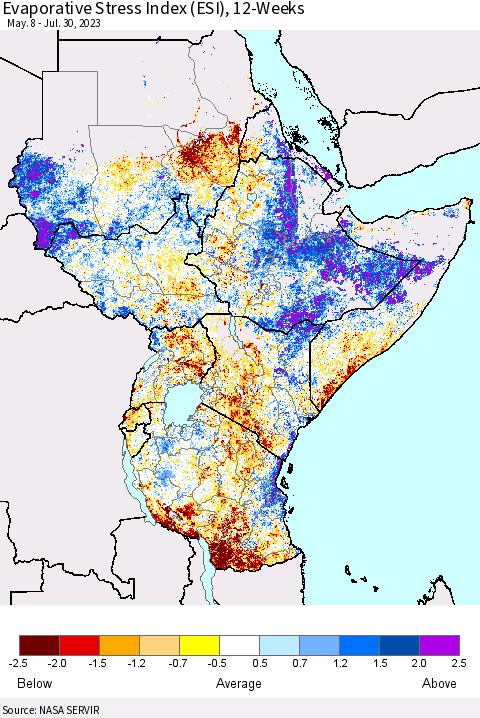 Eastern Africa Evaporative Stress Index (ESI), 12-Weeks Thematic Map For 7/24/2023 - 7/30/2023