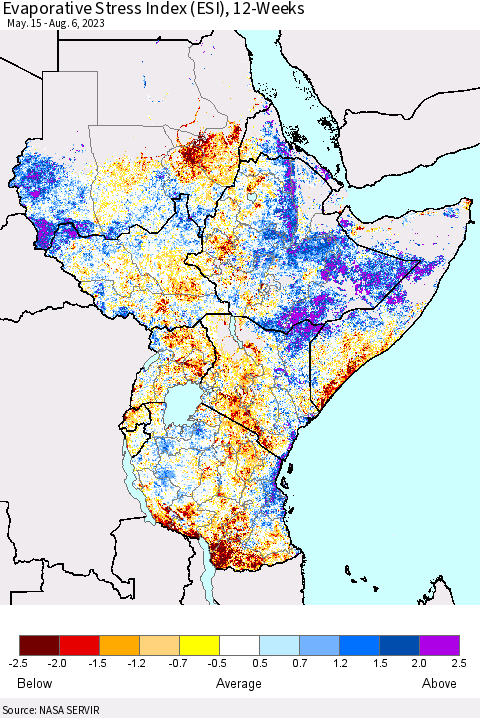 Eastern Africa Evaporative Stress Index (ESI), 12-Weeks Thematic Map For 7/31/2023 - 8/6/2023
