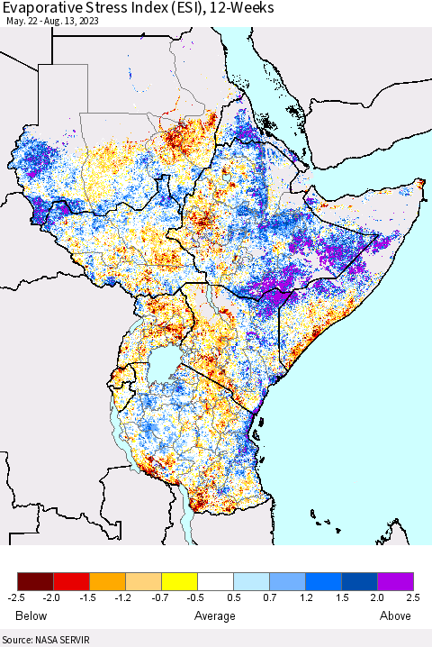 Eastern Africa Evaporative Stress Index (ESI), 12-Weeks Thematic Map For 8/7/2023 - 8/13/2023