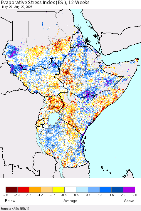 Eastern Africa Evaporative Stress Index (ESI), 12-Weeks Thematic Map For 8/14/2023 - 8/20/2023