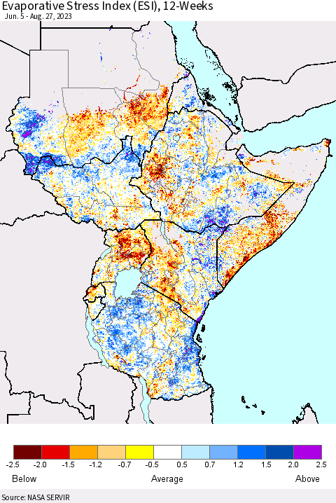 Eastern Africa Evaporative Stress Index (ESI), 12-Weeks Thematic Map For 8/21/2023 - 8/27/2023
