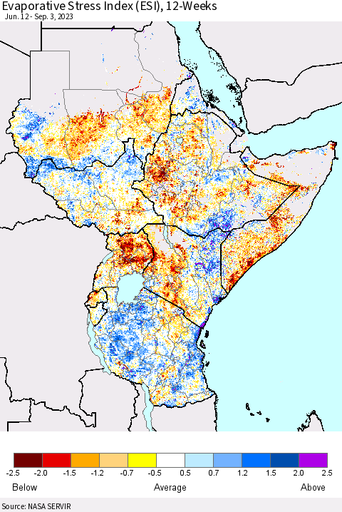 Eastern Africa Evaporative Stress Index (ESI), 12-Weeks Thematic Map For 8/28/2023 - 9/3/2023
