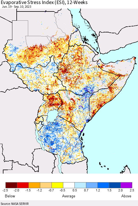 Eastern Africa Evaporative Stress Index (ESI), 12-Weeks Thematic Map For 9/4/2023 - 9/10/2023