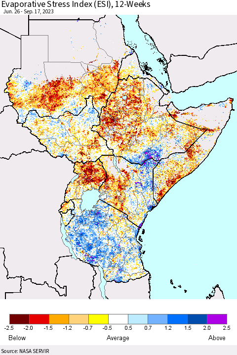 Eastern Africa Evaporative Stress Index (ESI), 12-Weeks Thematic Map For 9/11/2023 - 9/17/2023