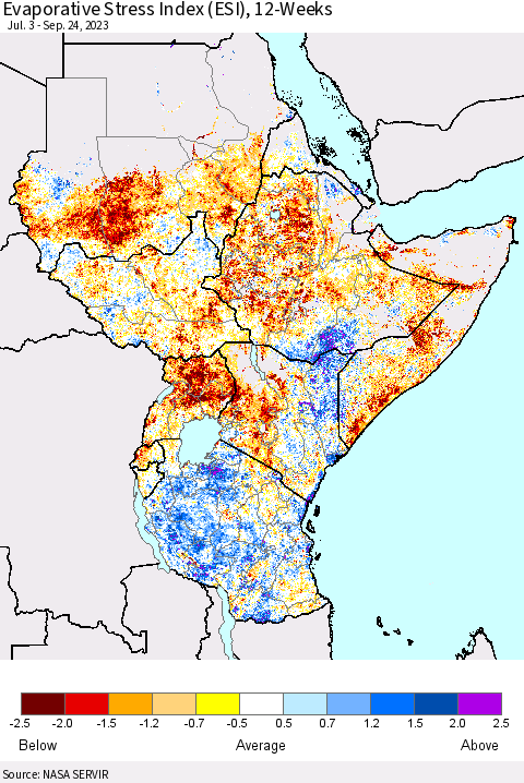 Eastern Africa Evaporative Stress Index (ESI), 12-Weeks Thematic Map For 9/18/2023 - 9/24/2023