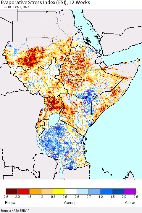 Eastern Africa Evaporative Stress Index (ESI), 12-Weeks Thematic Map For 9/25/2023 - 10/1/2023