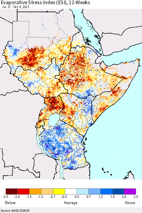 Eastern Africa Evaporative Stress Index (ESI), 12-Weeks Thematic Map For 10/2/2023 - 10/8/2023