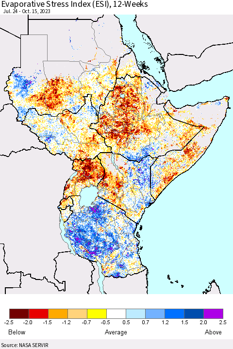 Eastern Africa Evaporative Stress Index (ESI), 12-Weeks Thematic Map For 10/9/2023 - 10/15/2023