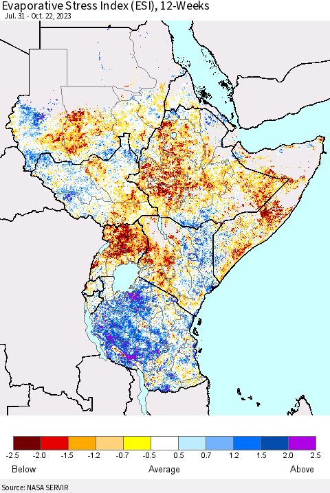 Eastern Africa Evaporative Stress Index (ESI), 12-Weeks Thematic Map For 10/16/2023 - 10/22/2023