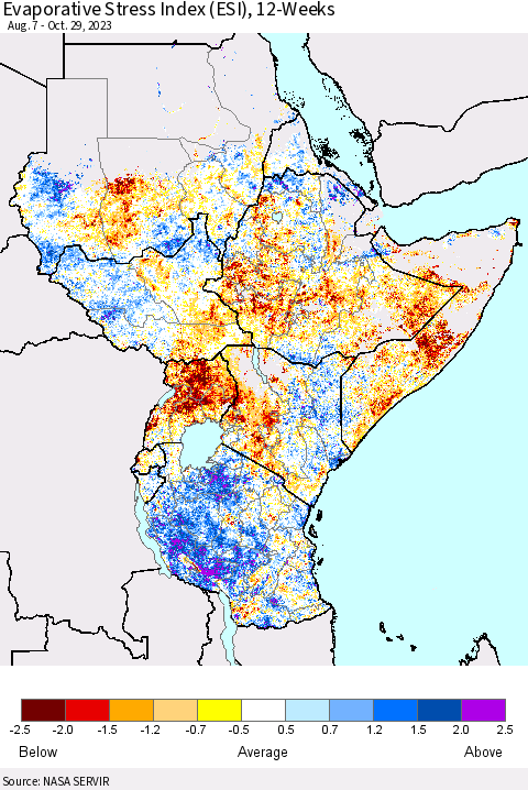 Eastern Africa Evaporative Stress Index (ESI), 12-Weeks Thematic Map For 10/23/2023 - 10/29/2023