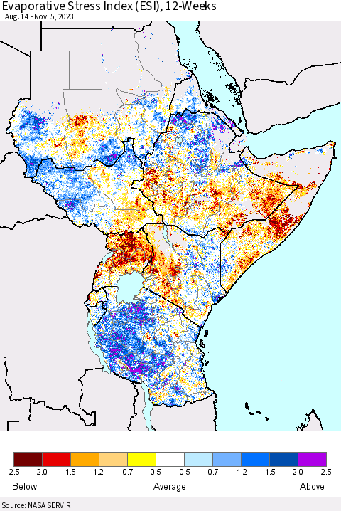 Eastern Africa Evaporative Stress Index (ESI), 12-Weeks Thematic Map For 10/30/2023 - 11/5/2023