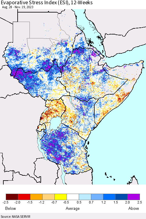 Eastern Africa Evaporative Stress Index (ESI), 12-Weeks Thematic Map For 11/13/2023 - 11/19/2023