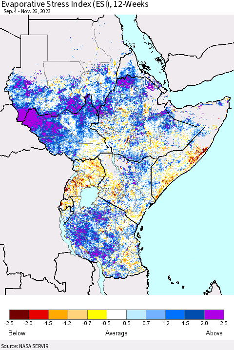 Eastern Africa Evaporative Stress Index (ESI), 12-Weeks Thematic Map For 11/20/2023 - 11/26/2023