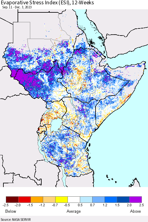 Eastern Africa Evaporative Stress Index (ESI), 12-Weeks Thematic Map For 11/27/2023 - 12/3/2023
